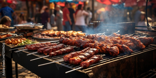 A picture of a bunch of food being cooked on a grill. This image can be used to showcase outdoor cooking  barbecues  and summer grilling.