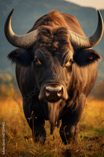 A buffalo in a field, focus on the horns and fur. Vertical photo