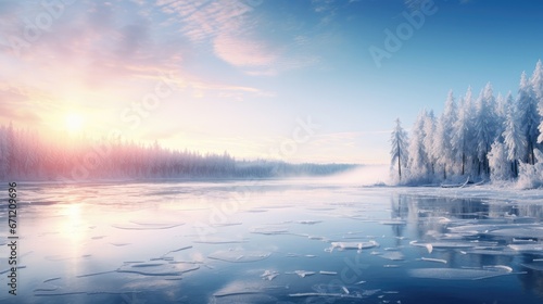 Frozen Lake Serenity: Picturesque views of winter's charm as mirrored by crystal clear, snow-blanketed lakes." © pvl0707