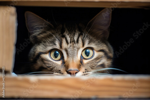 A cat hiding in a box, focus on the eyes peeking out,   © Nino Lavrenkova