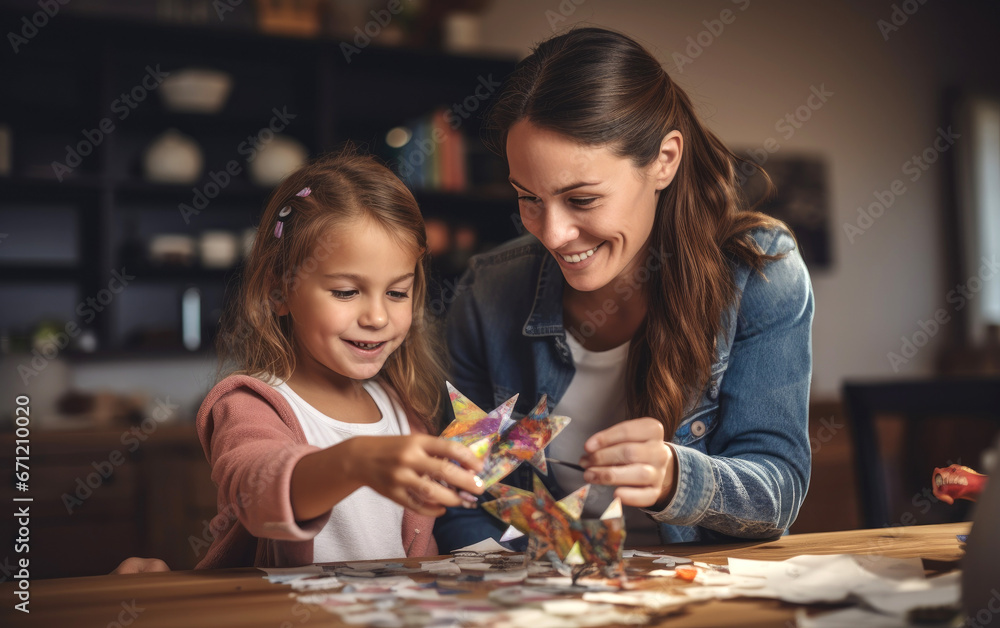 Fototapeta premium A parent helping a child with a school project at home
