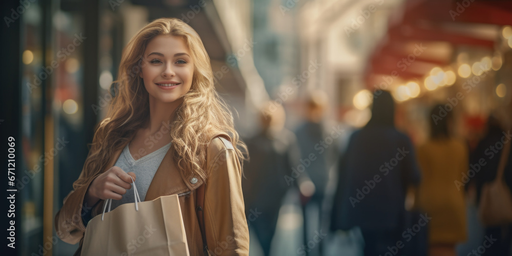 A woman is pictured holding a shopping bag and smiling. This image can be used to represent shopping, retail therapy, consumerism, or happiness