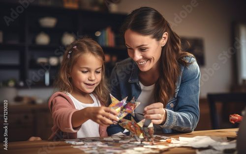 A parent helping a child with a school project at home