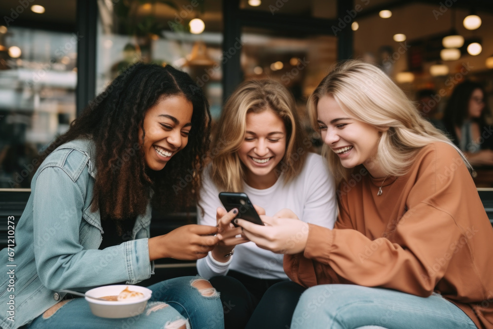Three women sitting on a bench, engaged in conversation while looking at a cell phone. Suitable for illustrating modern social interactions and technology usage - obrazy, fototapety, plakaty 