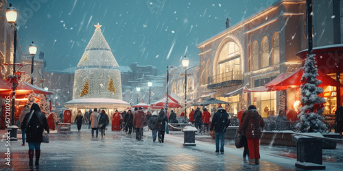 A group of people walking together on a street covered in snow. Perfect for winter themed projects or illustrations