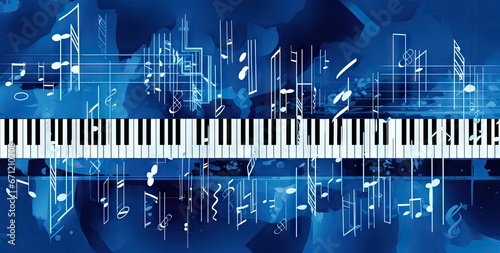 music notes and piano keys on blue background Generative AI