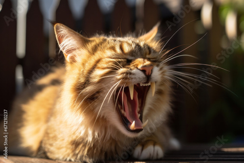 A cat yawning, focus on the open mouth and teeth