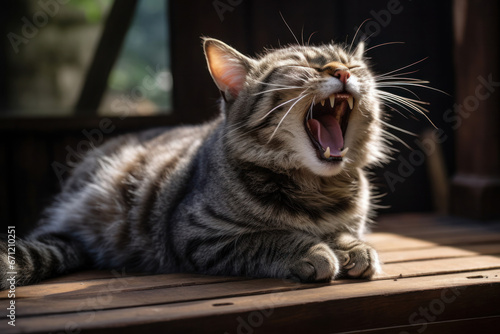 A cat yawning, focus on the open mouth and teeth © Nino Lavrenkova
