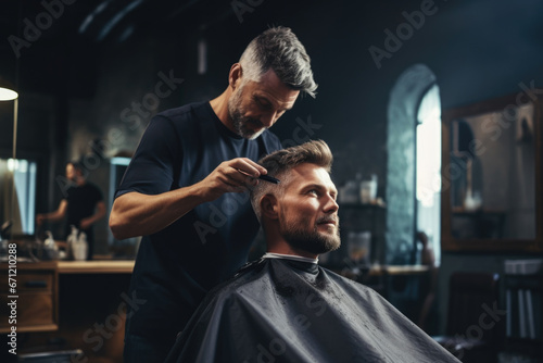 A man is seen getting his hair cut at a barber shop. This image can be used to showcase the experience of getting a haircut or for promotional materials related to barber shops