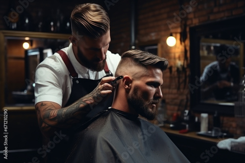 A man is seen getting his hair cut at a barber shop. This image can be used to showcase the process of getting a haircut or for promoting barber services