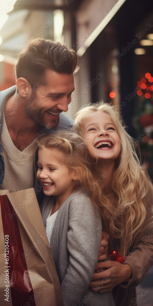 A man and two little girls holding shopping bags. Perfect for illustrating family shopping trips or retail therapy.