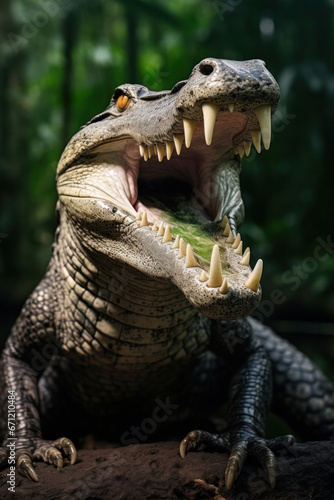 A crocodile with its mouth open  focus on the teeth. Vertical photo