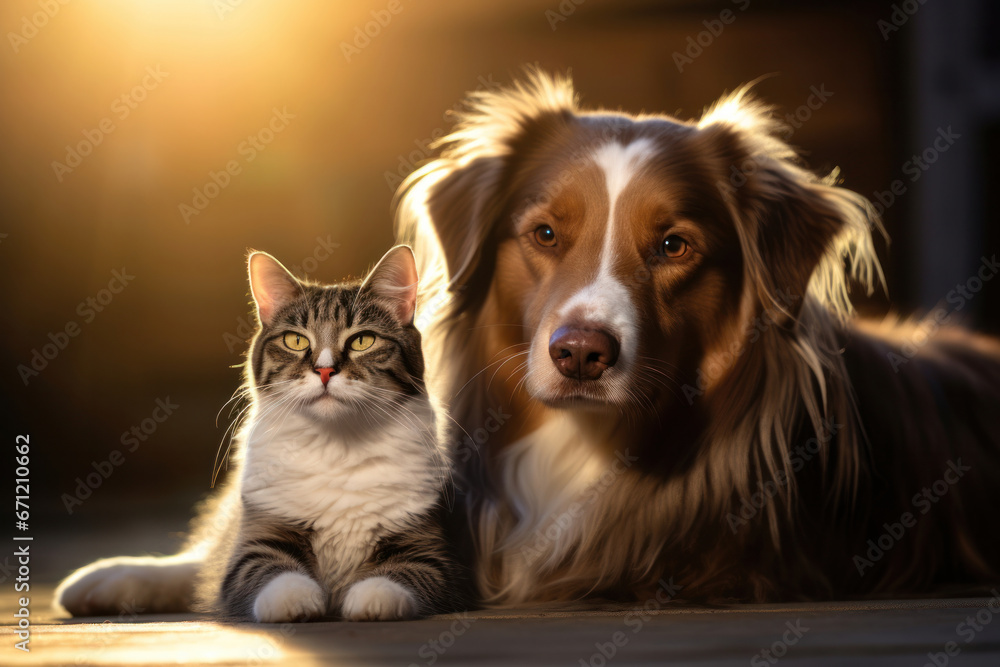 A dog and a cat sitting together, focus on their expressions, natural light