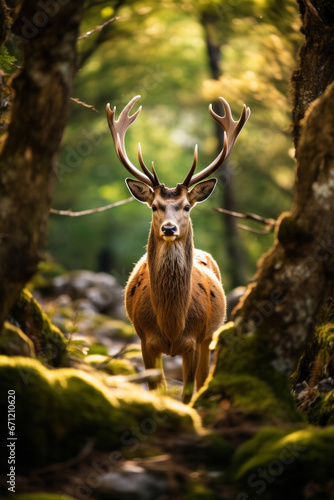 A deer in a forest, focus on the antlers and foliage. Vertical photo © Nino Lavrenkova