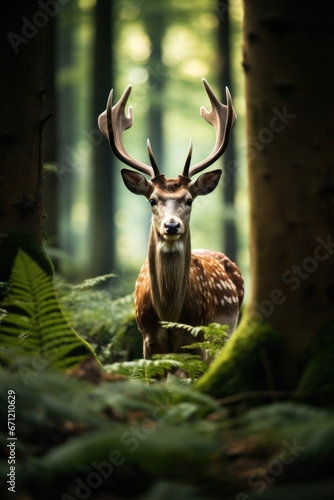 A deer in a forest  focus on the antlers and foliage. Vertical photo