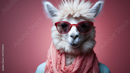 anthropomorphize funny animals with wearing clothes - portrait alpaca