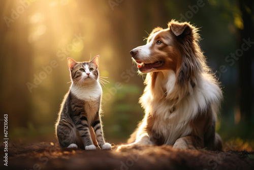 A dog and a cat sitting together, focus on their expressions, natural light © Nino Lavrenkova