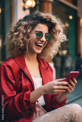 Wallpaper Mural A woman sitting on a ledge, engaged in a conversation on her cell phone. Perfect for illustrating modern communication and technology. Torontodigital.ca