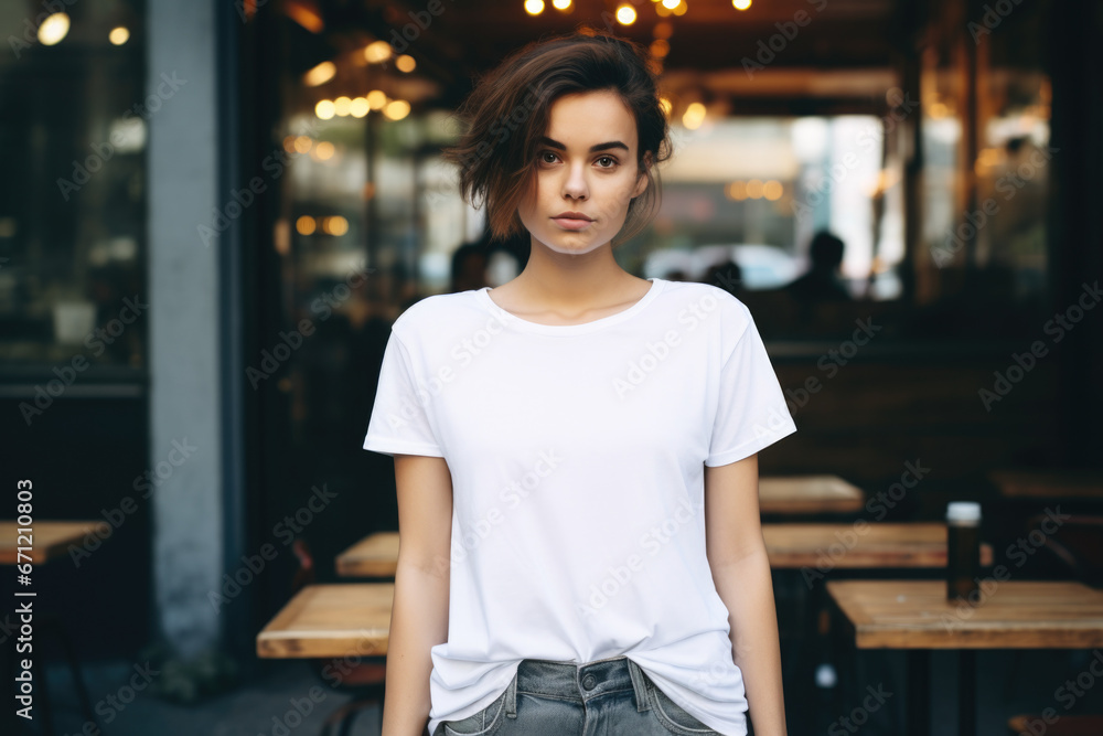A woman in a white shirt standing in front of a table. Suitable for business, office, or home decor themes