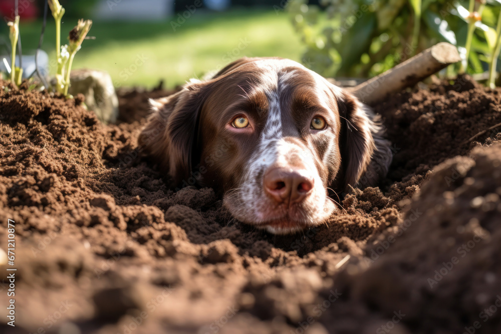 A dog digs a hole in the garden and looks into the frame with puppy eyes