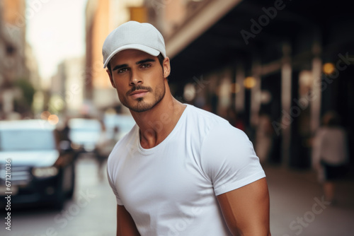A picture of a man wearing a white shirt and a white hat. Suitable for fashion, summer, and casual themes © Fotograf