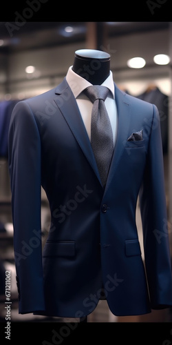 A mannequin dressed in a suit and tie is displayed in a clothing store. This image can be used to showcase professional attire or for fashion-related concepts