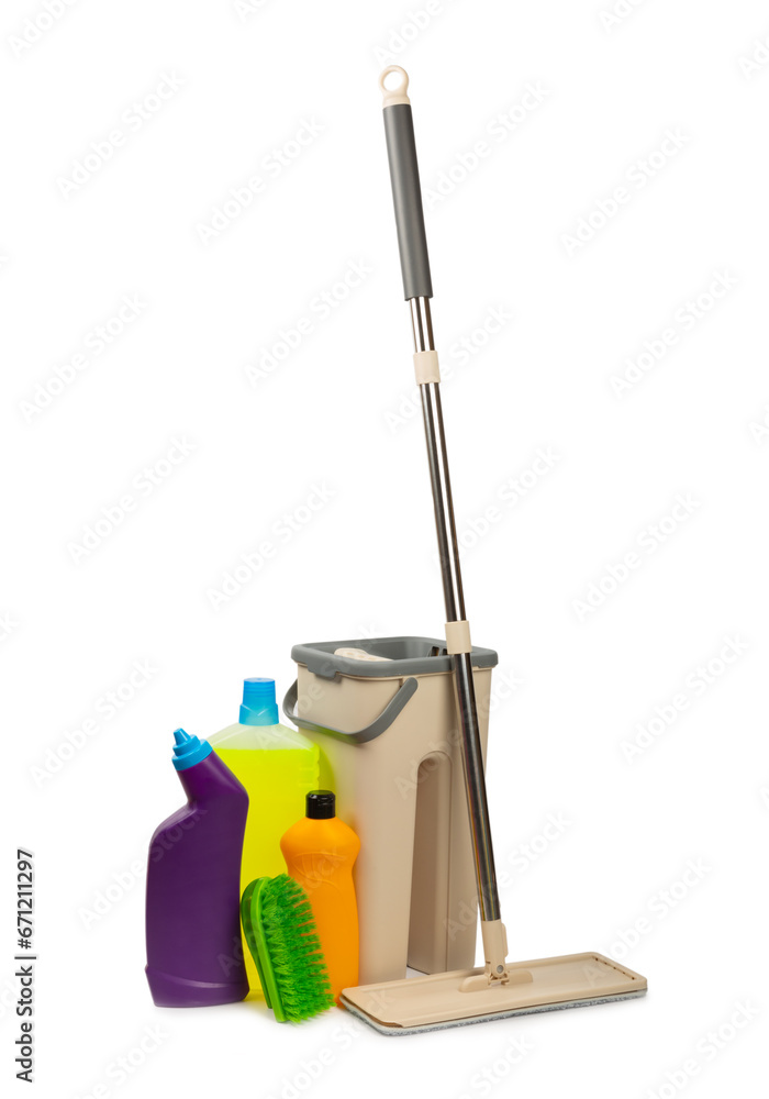 Fototapeta premium Plastic mop and bucket with cleaning supplies isolated on white background. Bottles with various detergents.Cleaning agent for windows, floor,toilets and plumbing fixtures.Cleaning of home and offices