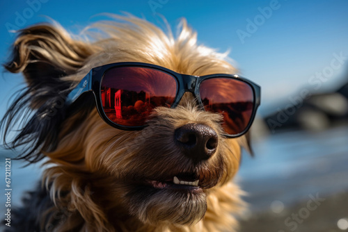 A dog wearing sunglasses, focus on the humor and style © Nino Lavrenkova