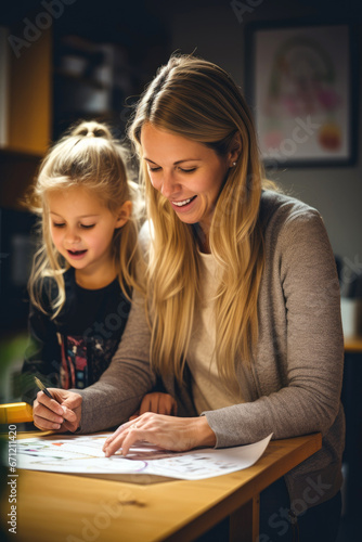 A parent helping a child with a school project at home