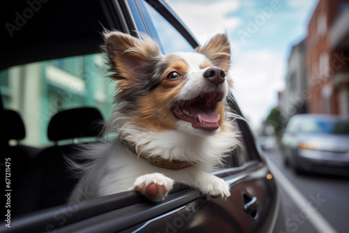 A dog with its head out of a car window, focus on the joy and wind in the fur © Nino Lavrenkova