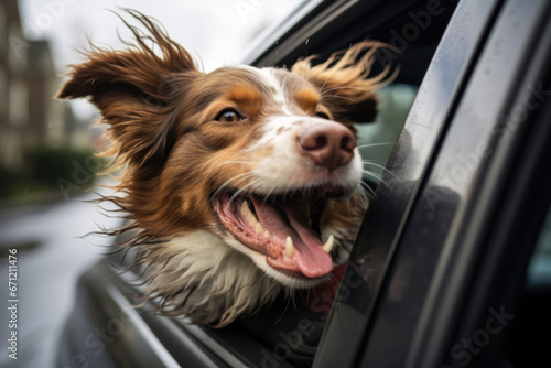 A dog with its head out of a car window, focus on the joy and wind in the fur