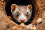 A ferret peeking out of a hole, focus on the eyes and fur