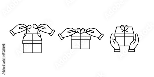 Gift box packing and give, wrap with ribbon, line icon. Present box, wrapped package with bow. Surprise on party and celebration Christmas, birthday or holiday. Vector outline