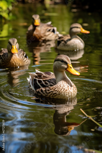 A family of ducks swimming in a pond, focus on the ripples and reflections. Vertical photo