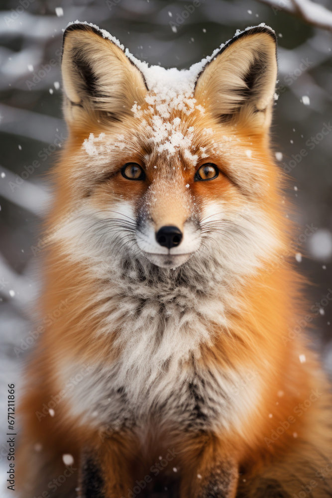 A fox in the snow, focus on the fur and contrast. Vertical photo