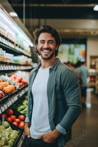 A man standing in front of a produce section in a grocery store. This image can be used to showcase healthy eating  grocery shopping  or a variety of fresh food options.