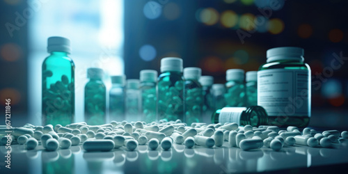 A collection of pills and bottles arranged neatly on a table. This image can be used to depict healthcare  medication  drug addiction  or pharmaceutical concepts.