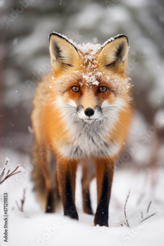 A fox in the snow, focus on the fur and contrast. Vertical photo © Nino Lavrenkova