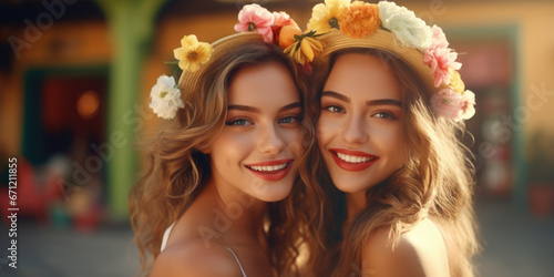 Two beautiful women wearing flower crowns on their heads. Perfect for fashion, festivals, and summer-themed designs.