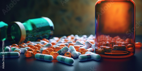 A bottle of pills is seen sitting next to a pile of pills. This image can be used to represent medication, healthcare, or pharmaceuticals.