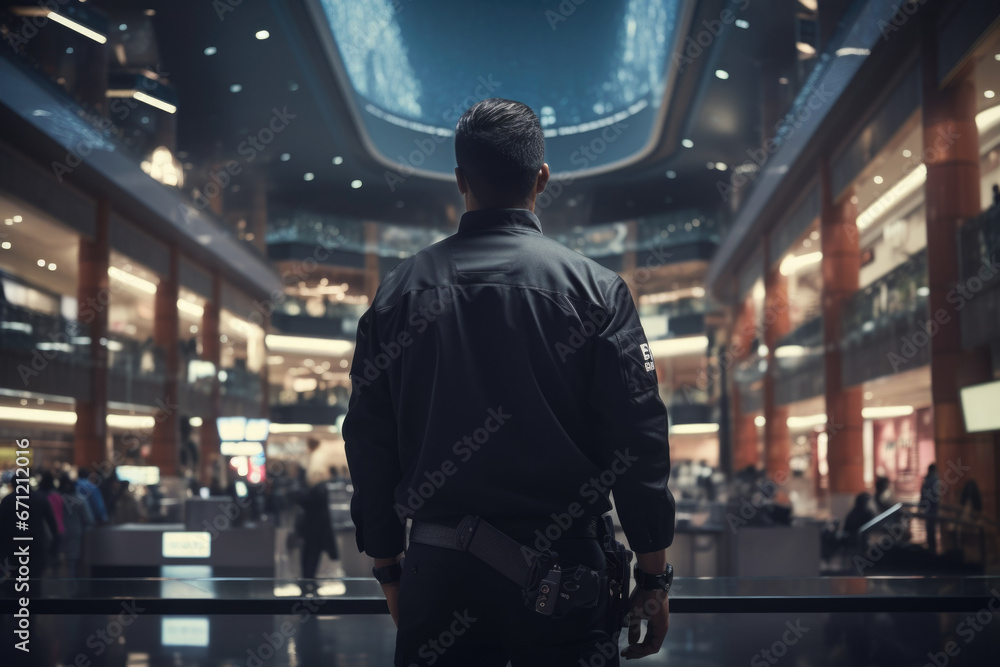 A police officer standing inside a spacious building. Suitable for crime scene investigations or law enforcement concepts. A police officer standing inside a spacious building. Suitable for crime scene investigations or law enforcement concepts.