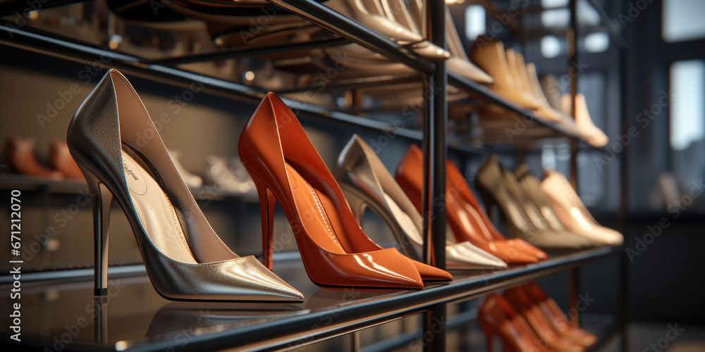 A row of women's shoes displayed neatly on a shelf. Perfect for showcasing different styles and colors of footwear. - obrazy, fototapety, plakaty 