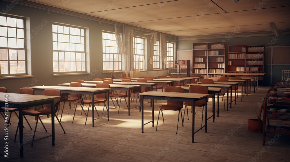 serene classroom interior with rows of empty desks and bookshelves for educational concepts
serene classroom interior with rows of empty desks and bookshelves for educational concepts