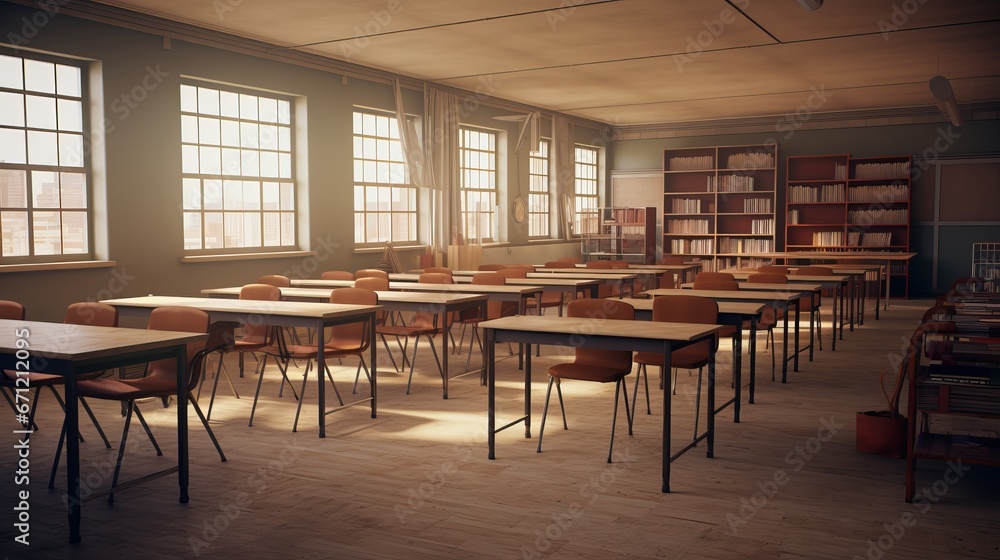 
serene classroom interior with rows of empty desks and bookshelves for educational concepts