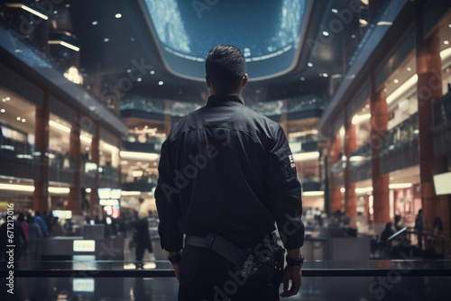 A police officer standing inside a spacious building. Suitable for crime scene investigations or law enforcement concepts.