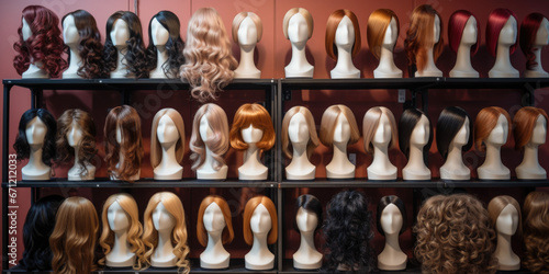 A collection of various wigs neatly arranged on a shelf. Ideal for hair salons, costume parties, or theatrical productions.