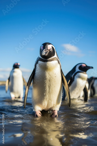 A group of penguins waddling, focus on the interaction, natural light, vertical photo