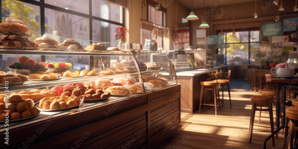 A bustling bakery showcasing an array of delectable pastries. Perfect for showcasing the delicious treats available at a bakery or highlighting the artistry of pastry making.