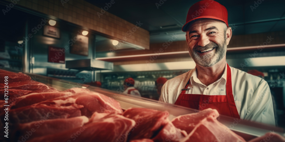A man wearing a red hat stands in front of a display of various meats. This image can be used to showcase the freshness and variety of meat products in a butcher shop or supermarket. A man wearing a red hat stands in front of a display of various meats. This image can be used to showcase the freshness and variety of meat products in a butcher shop or supermarket.