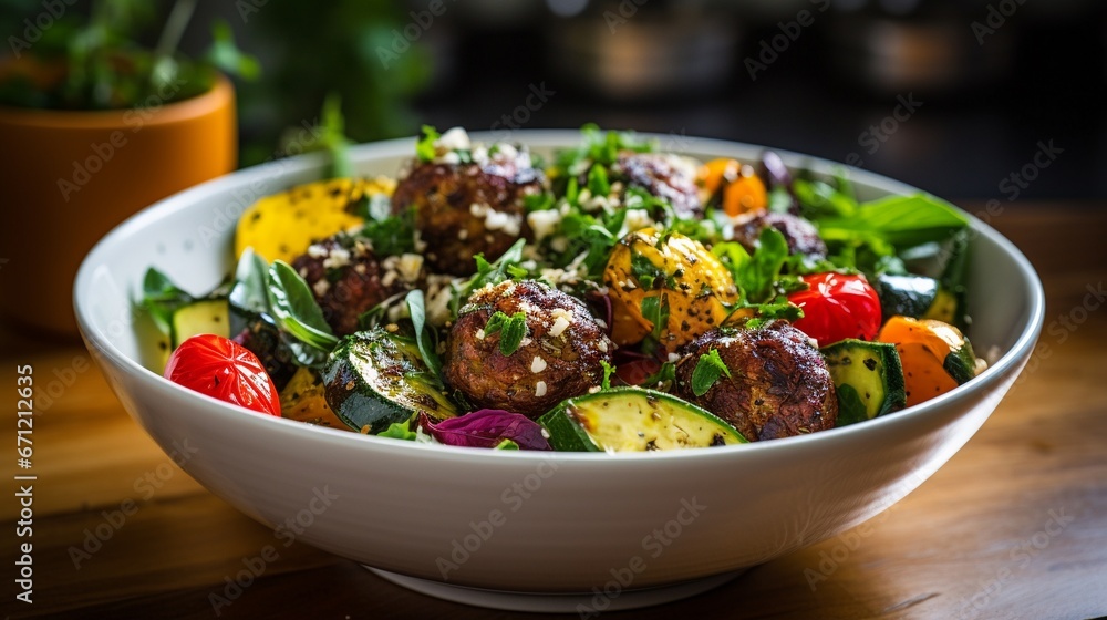 Close up of roasted meatballs on vegetable salad, delicious healthy high protein food concept. Close up of roasted meatballs on vegetable salad, delicious healthy high protein food concept.